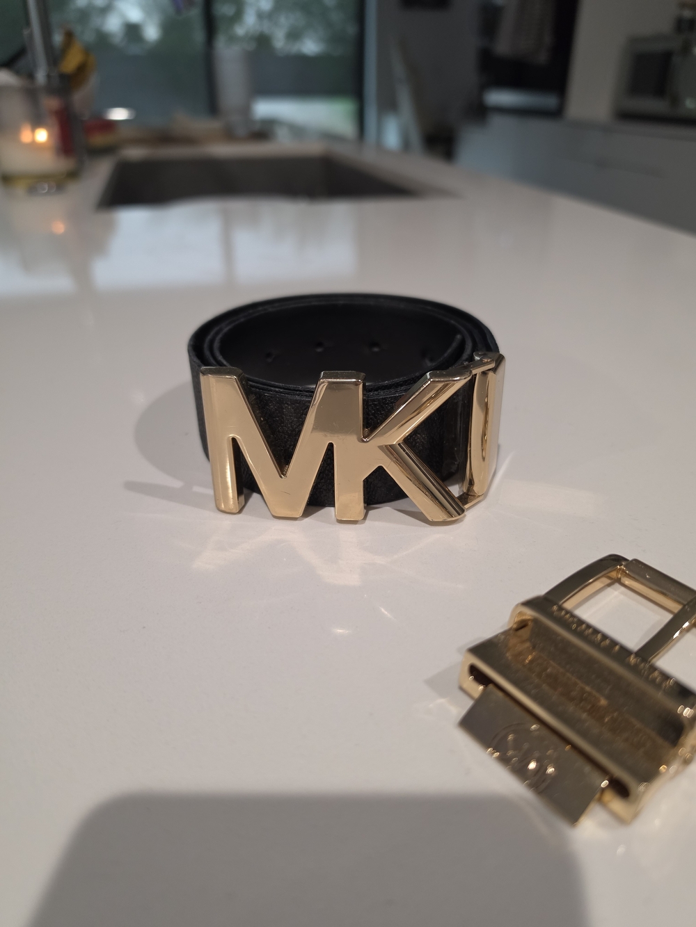 Michael Kors Black Leather Logo Belt with Gold MK Buckle & Regular Buckle